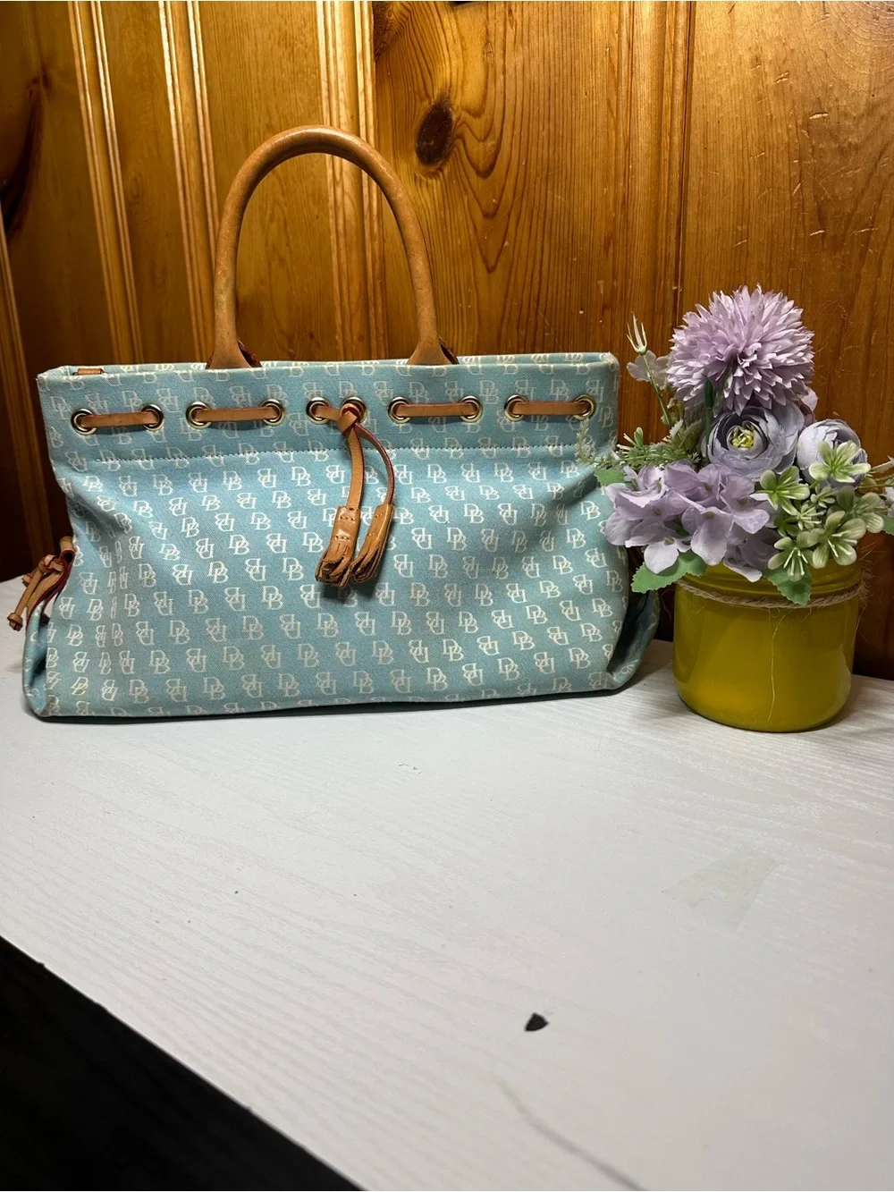 Dooney & Bourke Light Blue Monogram Drawstring Tote with Tan Trim